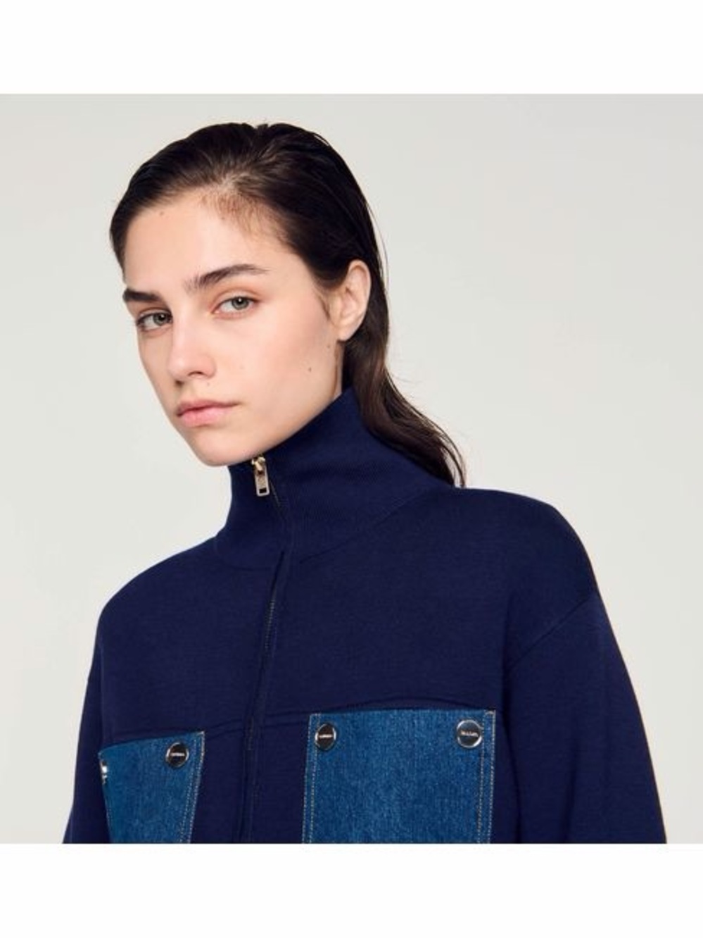 Sandro Paris Denim Pocket Bomber Jacket | Navy | S - Picture 5 of 7